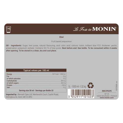 MONIN Kiwi Fruit Mix Puree 1L. Vegan. 2