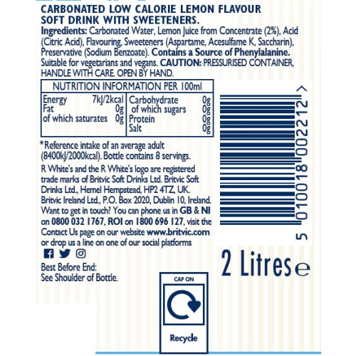 R Whites Premium Diet lemonade, 2L 2