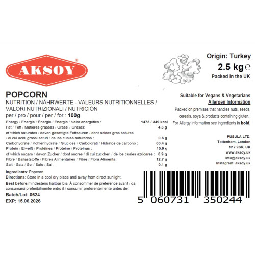 AKSOY Popping Corn Kernels 2.5KG 2