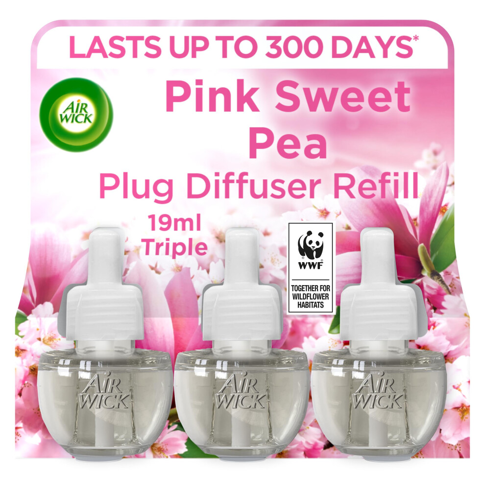 Air Wick Plug in Diffuser Triple Refill, Pink Sweet Pea, Pack 3 x19ml, Long Lasting Fragrance, Lasts up to 300 Days, Plug in Air freshener