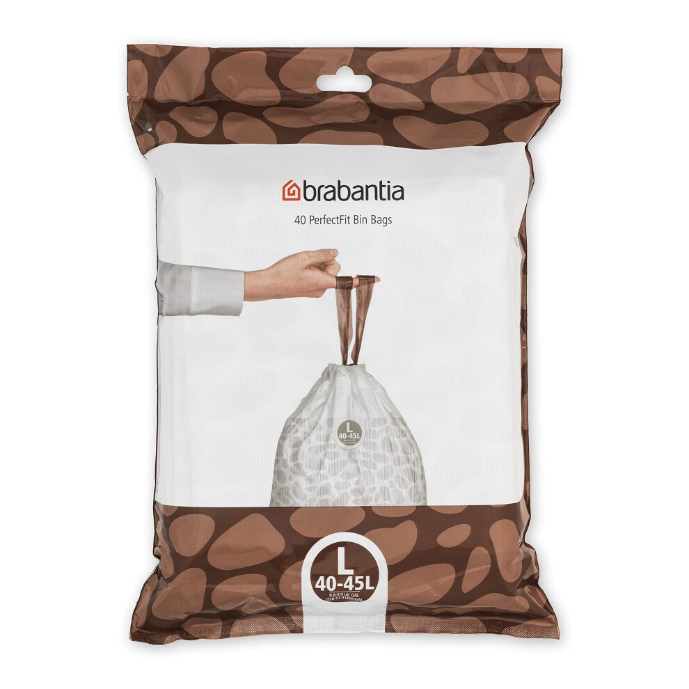 Brabantia 138645 PerfectFit Bin Liners (Size L/40-45 Litre) Thick Plastic Trash Bags with Tie Tape Drawstring Handles (40 Bags), White