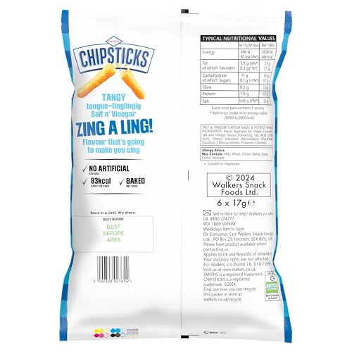 Chipsticks Salt & Vinegar Multipack Crisps 6 x 17g 2