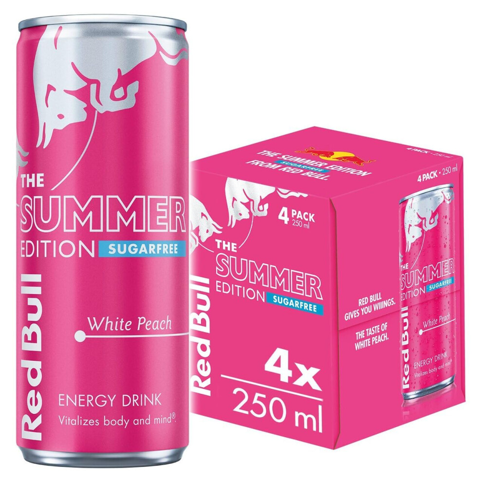 Bull Energy Drink Sugar Free Summer Edition 250Ml, 4 Pack Red/White/Peach