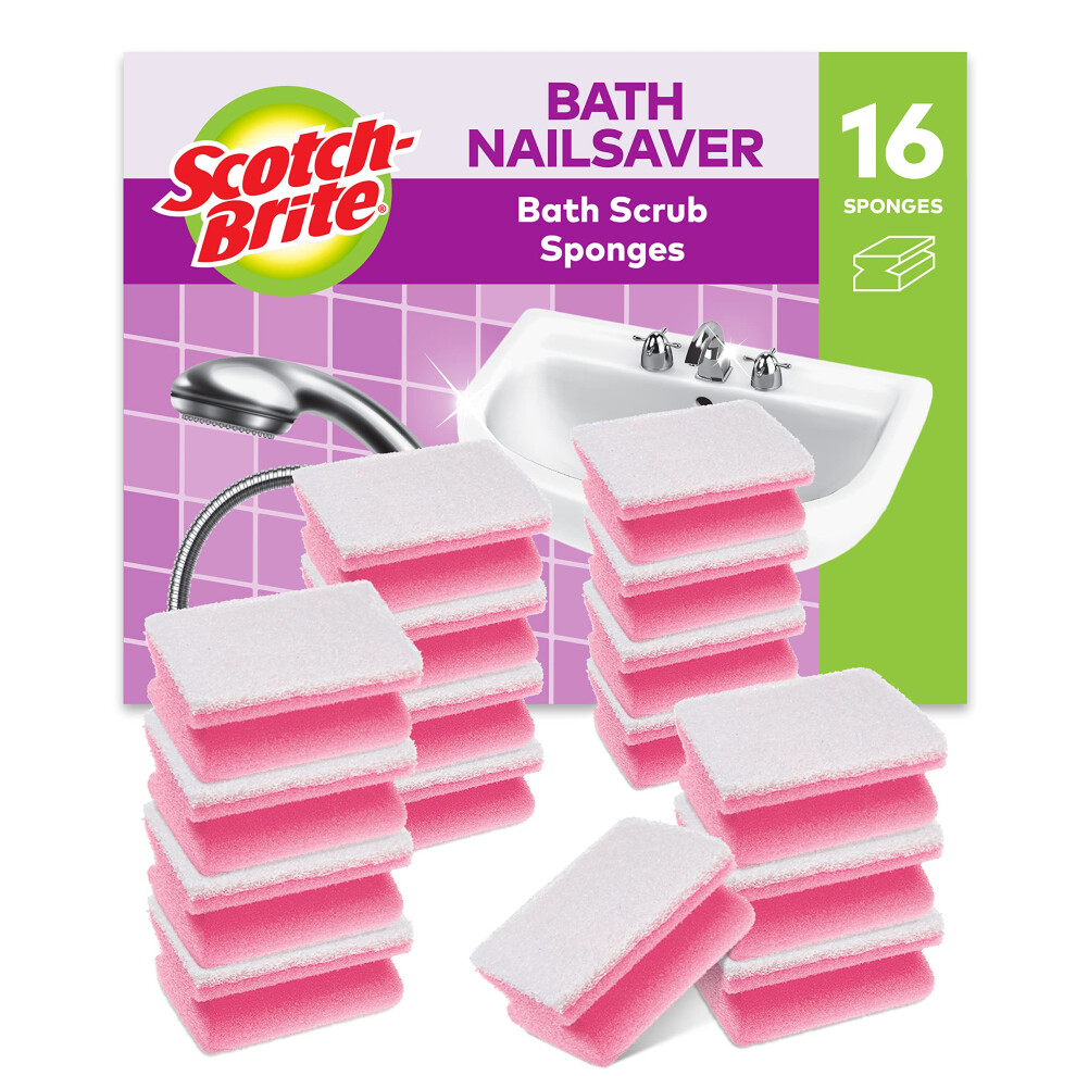 Scotch Brite White Scotch-Brite Bath Scrub Sponge, 16 Pieces - Non-Scratch Scourer For Cleaning Bathroom Surfaces Such As Glass, Chrome Or Ceramic,