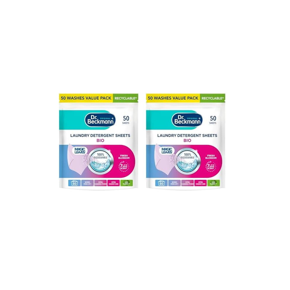 Dr Beckmann Dr. Beckmann Laundry Detergent Sheets Bio | Fresh Blossom | Magic Leaves | Pre-Dosed | 50 Sheets (Pack Of 2)