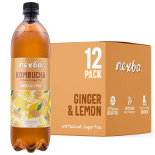 Nexba Naturally Sugar Free Ginger & Lemon Kombucha, Tasty, Refreshing Drink Made From Natural Ingredients, 1 Litre (Pack of 6)