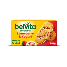 Belvita Duo Crunch Strawberry & Yogurt Breakfast Biscuits, Nutritious Morning Snack (5 x 50.6 g) (Pack of 18) Total 180 Biscuits