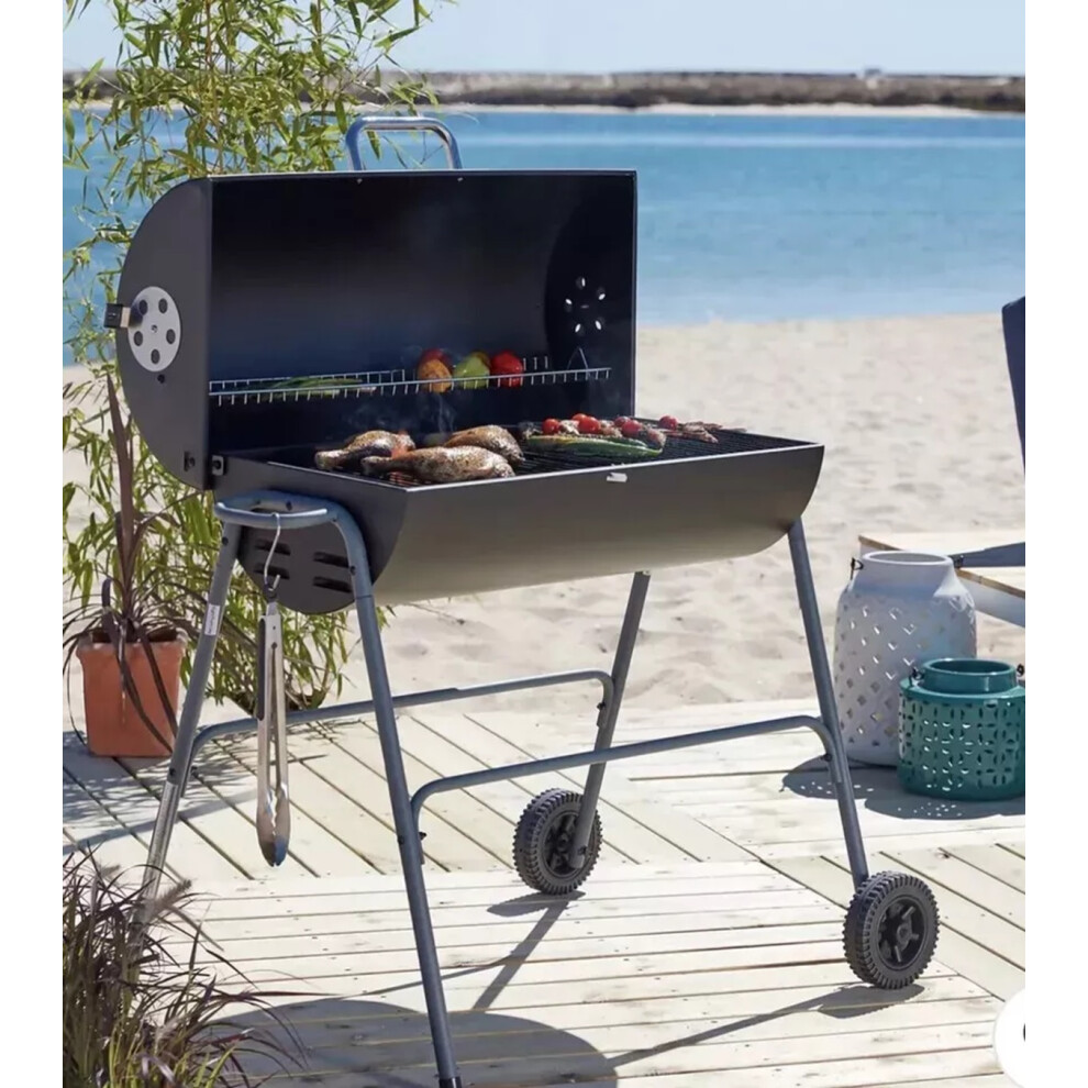 PHM0909_A: Portable Oil Drum Charcoal BBQ Grill with Warming Rack - Steel Stand, External Thermometer, Easy Refuel Hatch, Lightweight & Easy-Clean