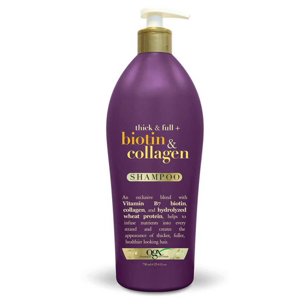 Photos - Hair Product OGX Thick & Full Biotin & Collagen Shampoo Salon Size 25.4 Ounce Bottle w/ Pump Paraben Free Sulfate Free Sustainable Ingred