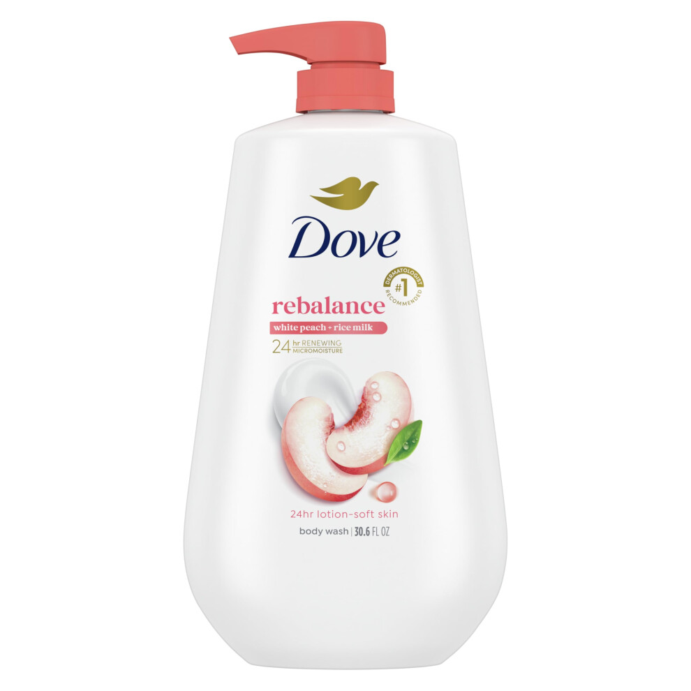 Dove White/Peach Body Wash Rebalance & Rice Milk For 24Hr Lotion-Soft Skin Moisturizing Skin Cleanser With No Sulfates No Parabens 30.6 Oz