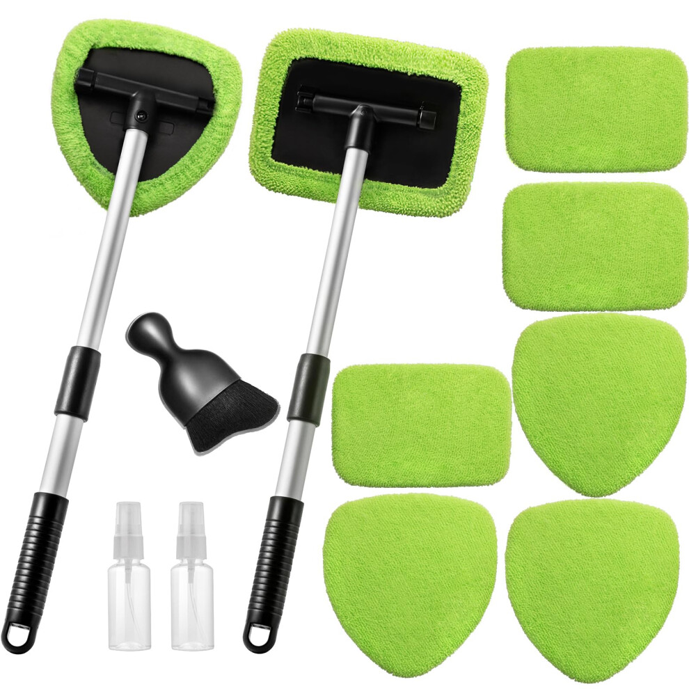 Qydipclin 11pcs Windshield Cleaner Tool Car Window Cleaning Wash Kit with 6 Reusable Microfiber Pads 2 Spray Bottles and Extendable Handles Auto