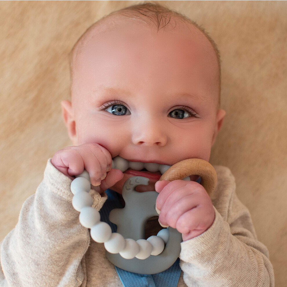 Nuby Natural Wood & Silicone Teether Ring: 3 M+  Elephant  Gray