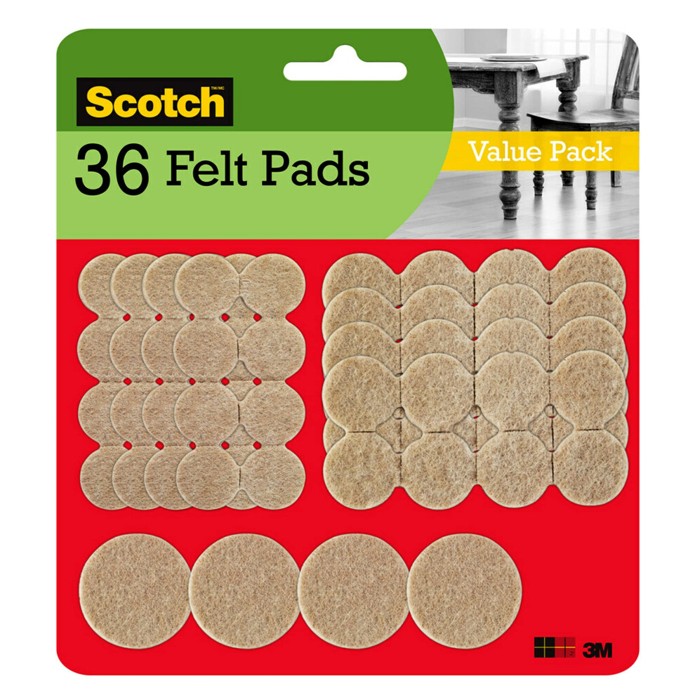 Scotch Felt Pads  Felt Furniture Pads for Protecting Hardwood Floors  Beige  Multi-Pack  16-3/4 in.  16-1 in.  4-1.5 in.  Round  36 Pads Total