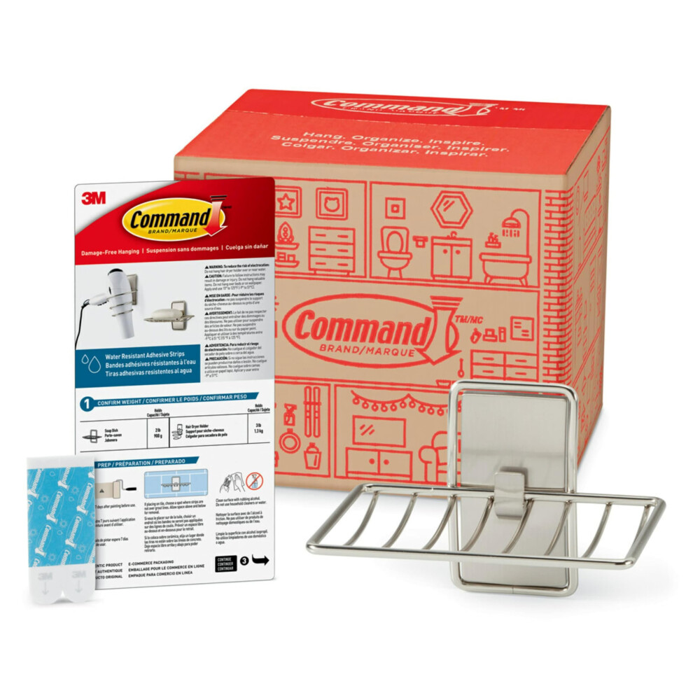 Command Soap Dish for Shower  Damage Free Hanging Bathroom  No Tools Bar Soap Holder  1 Satin Nickel Soap Dish and 2 Water-Resistant Command Stri