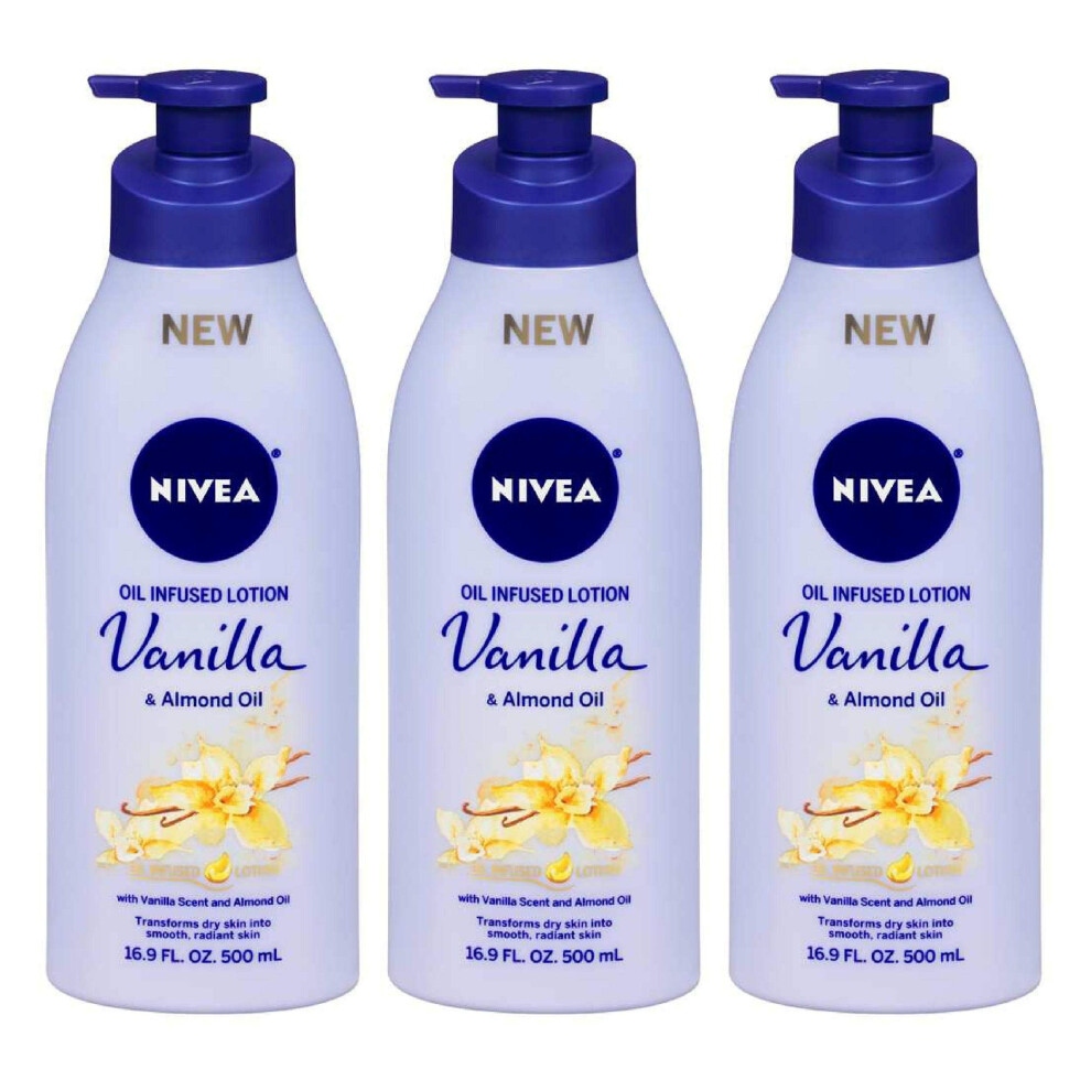 Nivea Lotion Oil-Infused Vanilla/Almond Oil 16.9 Ounce Pump (500Ml) (3 Pack)