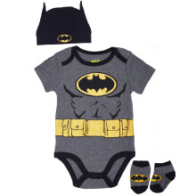 DC Comics Batman Baby Clothes 3-Piece Set with Bodysuit, Baby Hat, and Baby Socks - Batman Baby Gift Set (Black/Yellow, 3-6M)