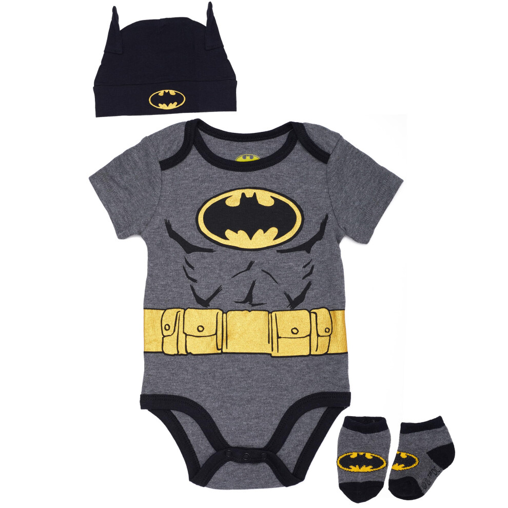 DC Comics Batman Baby Clothes 3-Piece Set with Bodysuit  Baby Hat  and Baby Socks - Batman Baby Gift Set (Black/Yellow  3-6M)