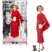 Barbie Inspirring Women Doll Isabel Allende  collectionner avec une robe rouge avec un livre accessoire et animal de compagnie