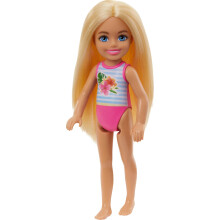 Barbie Chelsea Small Doll avec un maillot de bain avec des rayures et des cheveux blonds  imprim floral et des yeux bleus
