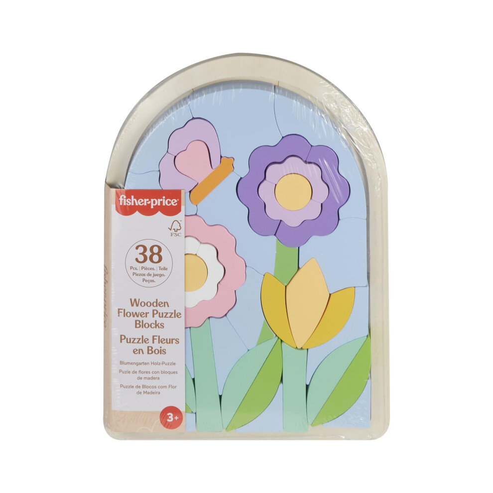 Fisher-Price Preschool Toy Wooden Flower Jigsaw Puzzle 38-Piece Wood Stacking Set For Developmental Play Ages 3+ Years