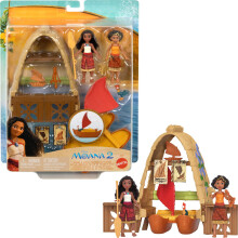 Mattel Disney Moana 2 hracky Moana & Lotos Workshop Playset se 2 malmi panenkami Heihei Figurka plovouc lod a 5 doplnku