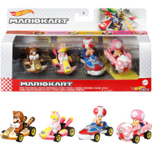Hot Wheels Mario Kart 4-Pack, Verzameling van 4 Speelgoedvoertuigen met Tanooki Mario, Cat Peach, Toad Sneeker & Toadette