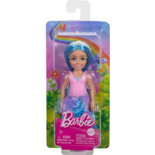 Barbie Royal Chelsea petite poupe avec des cheveux bleus portant des chaussures de jupe amovible et un bandeau blanc