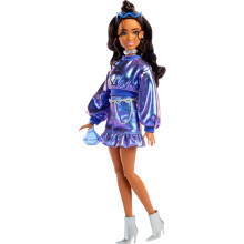 Barbie Deluxe Style Doll #7 in Metallic Blue Top and Skirt Wavy Brown Hair Accessories Like Silvery Jewelry Crystal Handbag and Sunglasses