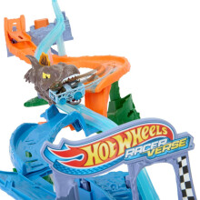 Hot Wheels Toy Car Track Set Racerverse Jurassic World Crash & Splash Playset mit Die-Cast-Velociraptor-Fahrzeug Dinosaurierrennen mit Spinosauru