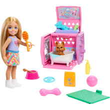 Barbie Chelsea Pipy Playset Playse Blonde Small Doll and Accessories Carrier Dog avec des pices de jeu sur le thme du chiot