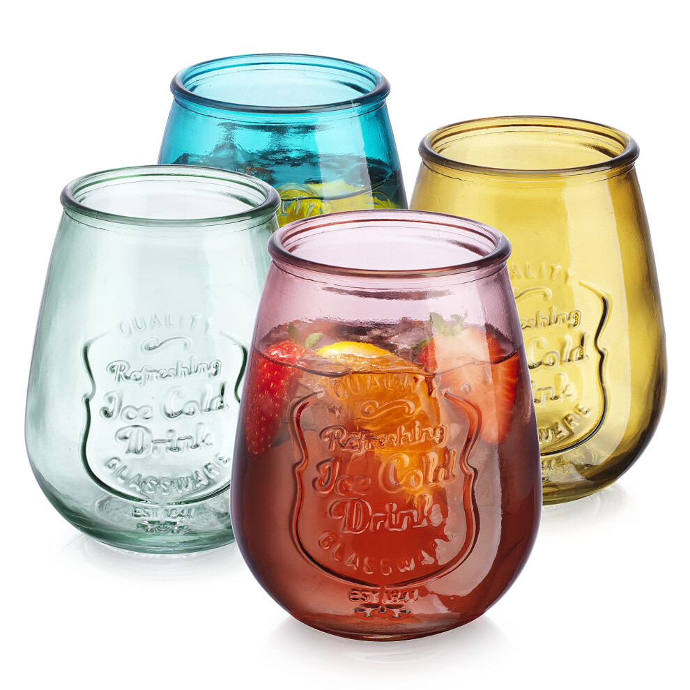 Glaver's Stemless Wine Glasses Set of 4 - 21oz Assorted Colored Wine Tumblers- Unique Embossed Logo Vintage Cute Wine Glasses for Beer Juice