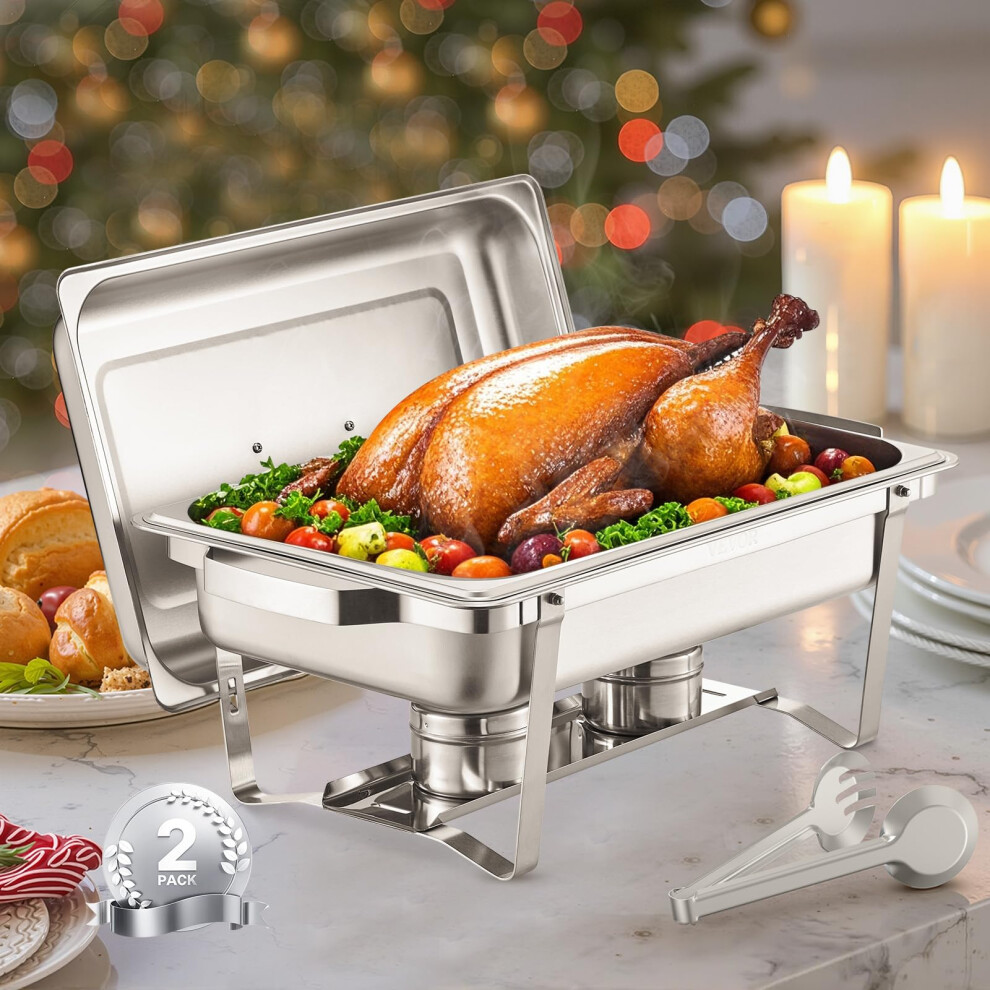 VEVOR Chafing Dish Buffet Set  8 Qt 2 Pack  Stainless Steel Chafer with 2 Full Size Pans  Rectangle Catering Warmer Server with Lid Water Pan Sta