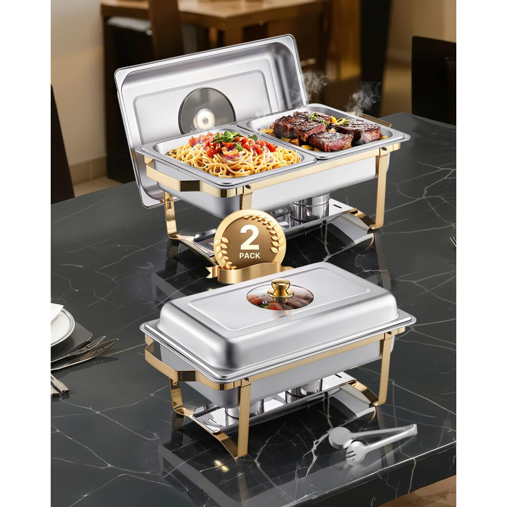 VEVOR Chafing Dish Buffet Set  4 Qt 2 Pack  Stainless Steel Chafer with 4 Half Size Pans  Rectangle Catering Warmer Server with Glass Lid Water P