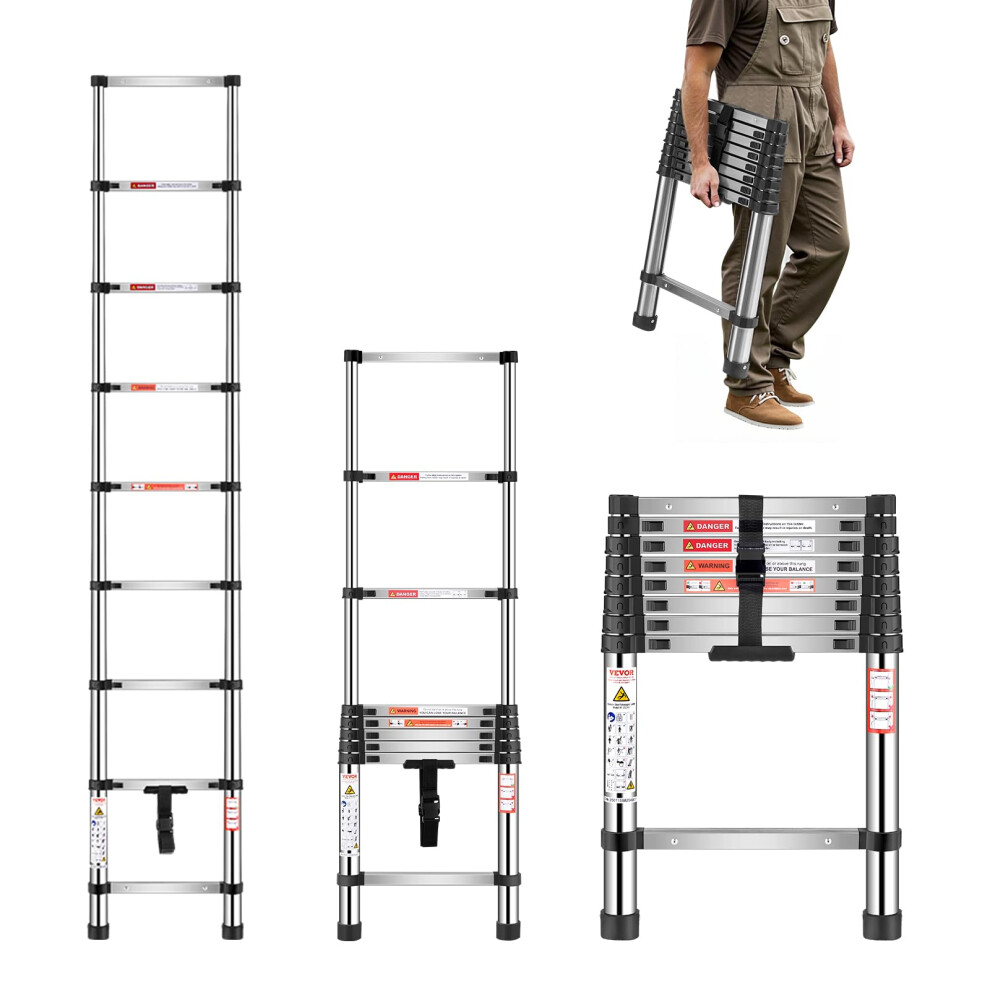VEVOR Telescoping Ladder  8.5ft Stainless Steel Lightweight Extension Ladder  Multi-Button Retraction Collapsible Ladders  330LBS Capacity & Non-