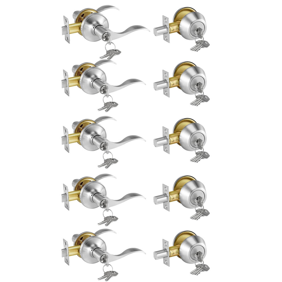 VEVOR Entry Locksets with Deadbolt  5 Pack Satin Nickel Entry Lever and Single Cylinder Deadbolt  Keyed Alike Combo Pack  Fit 1-3/8"""" to 1-3/4