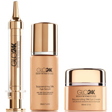 GLO24K LIBERE O PODER DO OURO Conjunto completo de cuidados com os olhos com nosso creme instantneo de tratamento para olhos 24k e soro para olh