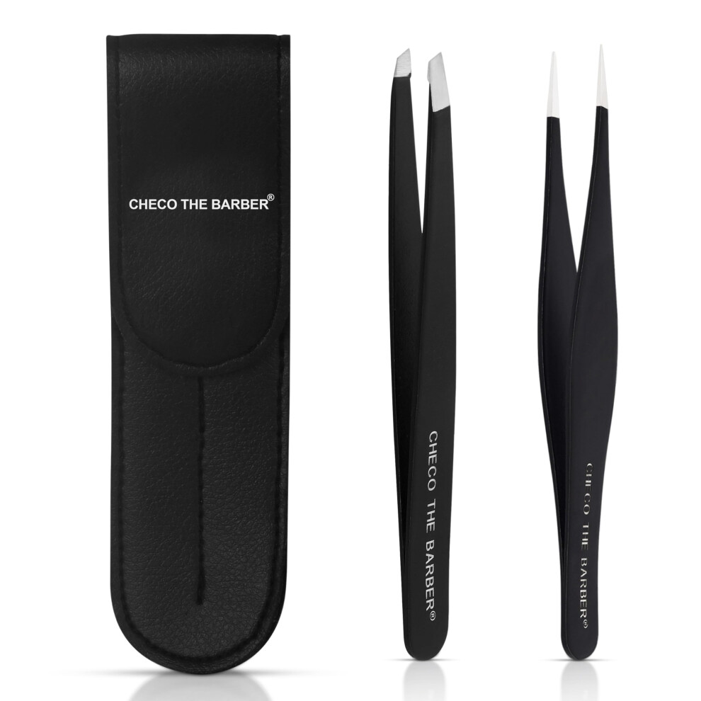 Checo The Barber Tweezers Set: Stainless Steel Pointed And Slanted Tweezer For Eyebrows Facial Hair Ingrown Hairs And Splinters. (2Pcs)