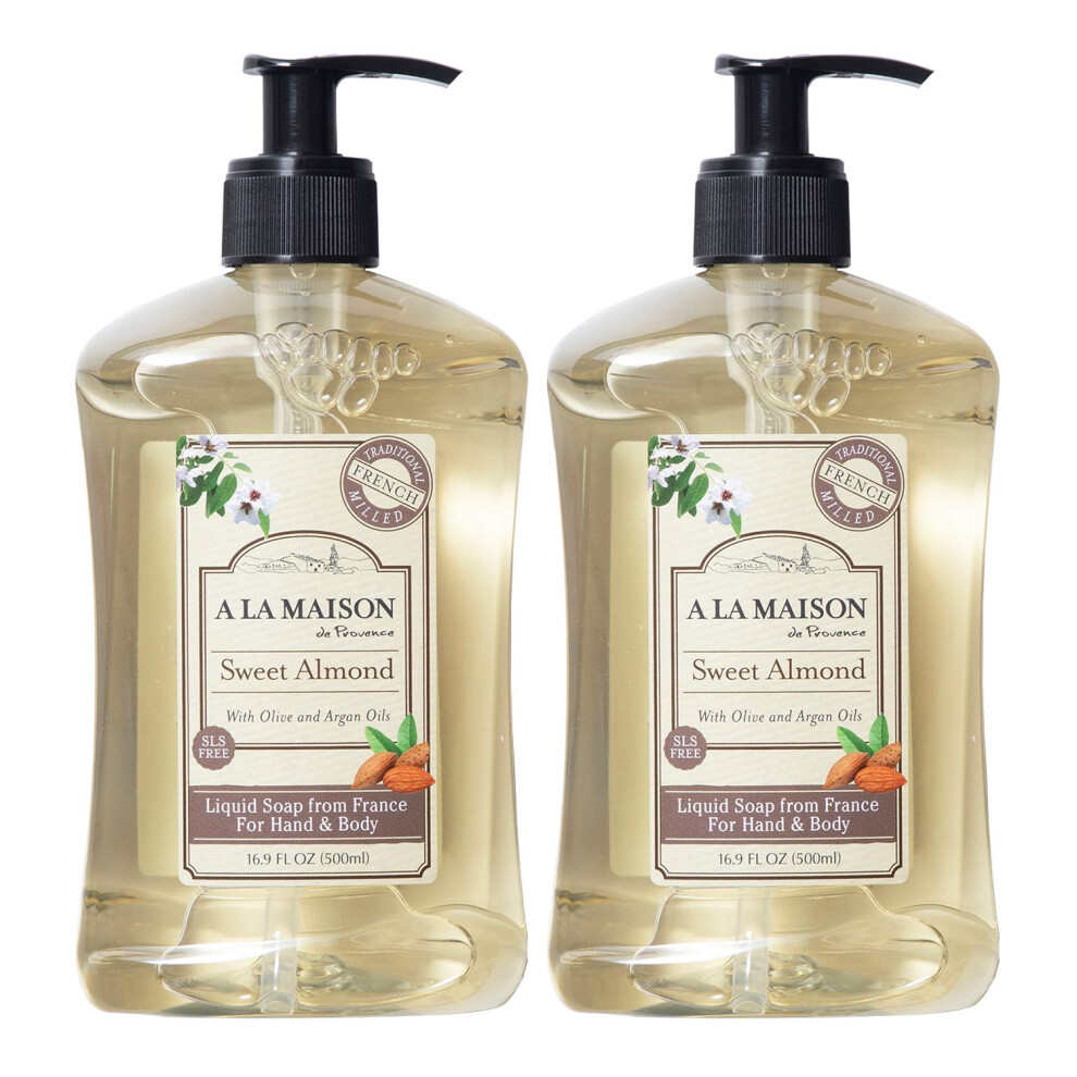 A La Maison De Provence Sweet Almond Liquid Hand And Body Soap (Pack Of 2) With Coconut Oil Argan Oil And Vitamin E 16.9 Fl Oz Each