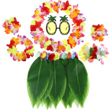 7 Pcs Luau Outfits Hawaiian Aloha Flower Leaf Grass Hula Skirt Leis Set Hairclip Sunglasses Garland for Tropical Party (Warm Orange Mix)