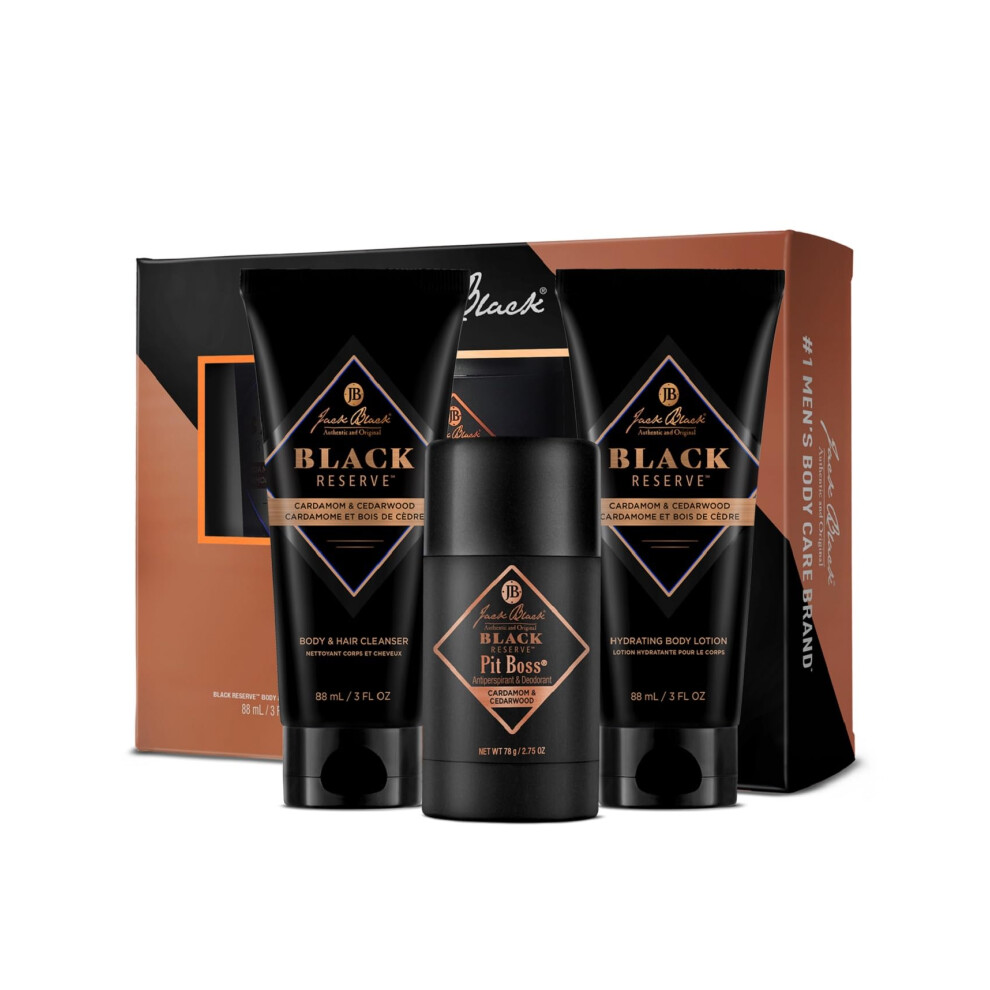 Jack Black Black Reserve Body Collection Set for Men - Cardamom & Cedarwood - Dual-Purpose Mens Body Wash  Pit Boss Men's Deodorant  Body Lotion