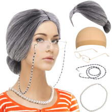 Feacole Old Lady Costume Set-mormor peruk peruk kepsar madea Granny Glasses Eyeglass Recnaiter Chain Pearl Necklace (5 stycken)
