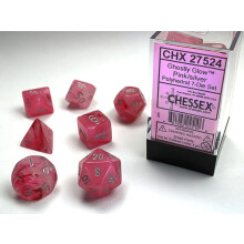 Chessex Polyhedral 7 -Die Ghostly Dice Set - rosa med silvernummer