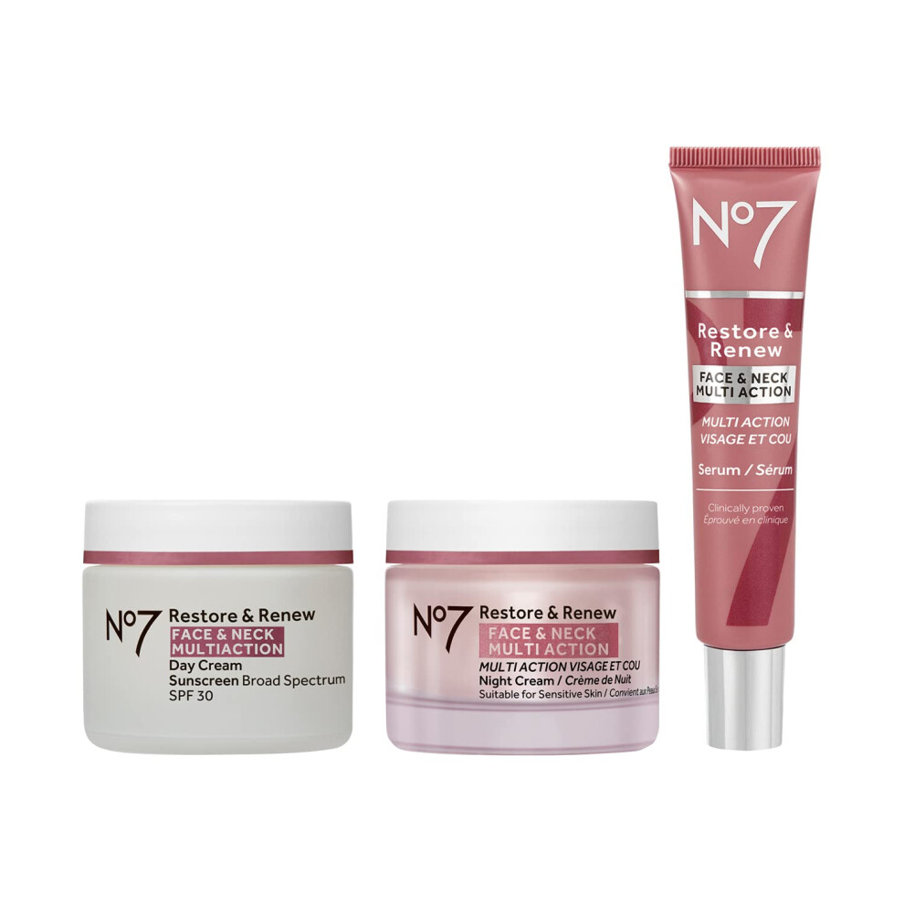 No7 Restore & Renew Face & Neck Multi Action Skincare System - SPF 30 Face Moisturizer & Anti-Aging Facial Serum For Deep Wrinkle Repair + Hydrat