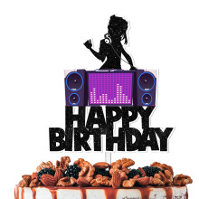 Black Glitter Sound DJ Happy Birthday Cake Topper Cheer to Rock and Roll Muzica Decor de tema