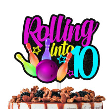Glitter Bowling Ball Cake Topper Cheer to Bowling Rolling into 10 Theme Decorations Boys Girls Happy 10th Birthday Party Decor Supplies