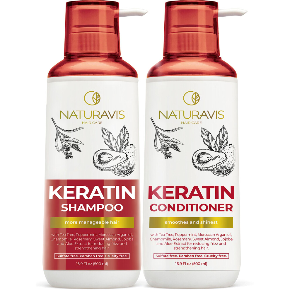 Naturavis Keratin Shampoo And Conditioner Set With Hyaluronic Acid - Sulfate Free Intense Moisturizing Treatment - For Strengthening Dry And Damaged Hair