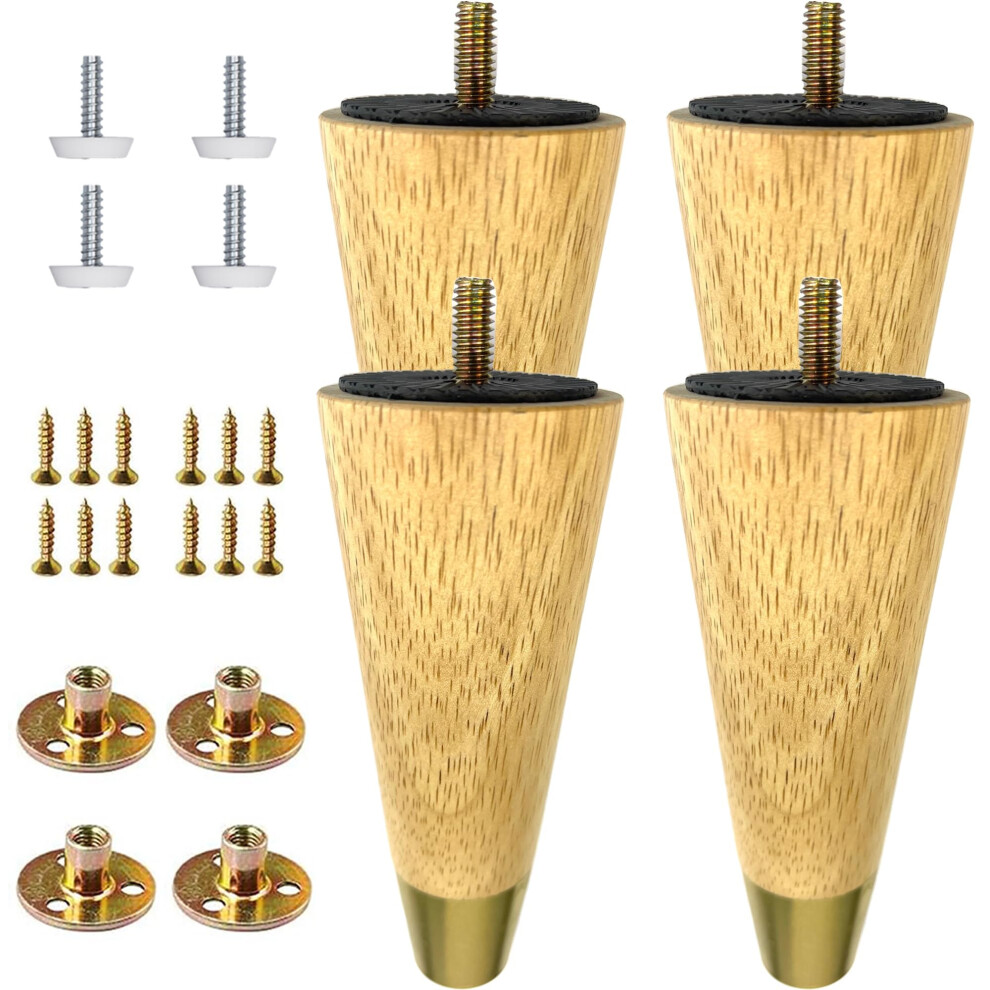 Yummy love 4-Pack 6-Inch Solid Hardwood Furniture Legs  Mid-Century Style with Golden Metal Caps - Natural Color  Perfect for Couches  Dressers-image-OPC-PHRF6HY-NEW