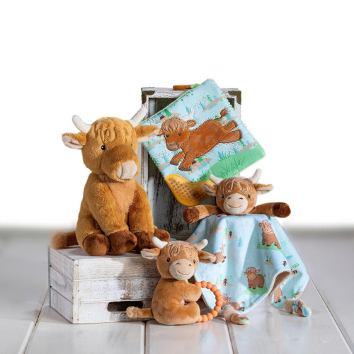 Brinquedo mordedor crinkle Mary Meyer com papel de beb e squeaker 6 x 6 polegadas Hetty Highland Cow 1