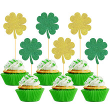 24 PCS Glitter Lucky Four Leaf Clover Cupcake Toppers St.Patrick's Day Shamrock Cake Toppers for for St Patrick's Day Party Decorations (Trefoil
