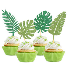 24Pcs Glitter Tropical Cupcake Toppers Tropical Palm Leaves Cake Topper Aloha Decorations for Summer Luau Hawaiian Theme Baby Shower Birthday Pa